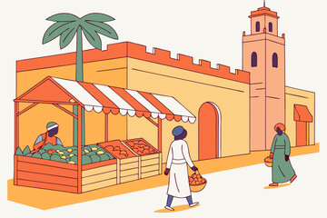 Obraz premium Show the bustling market streets of Marrakech filled with colors and spices, modern flat illustration style