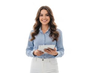 Smiling young woman holding a tablet and pen isolated on transparent background