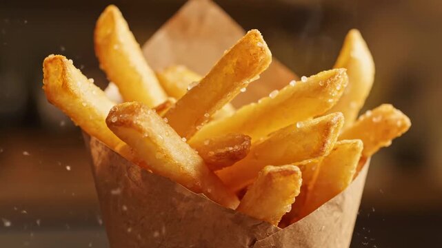 Golden French Fries in Paper Cone - Crispy golden french fries seasoned with salt are shown in a paper cone. The fries are piled high and look delicious and freshly made.