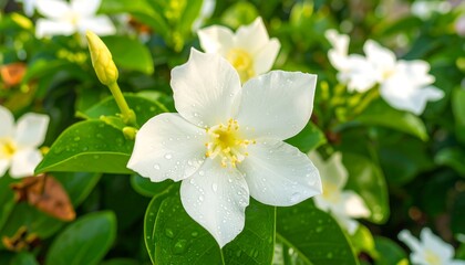 Obraz premium Close-up of dewy white flowers with green foliage