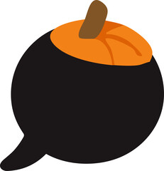 a black circular speech bubble decorated with the top of an orange pumpkin and brown stem, creating a festive Halloween-themed design.