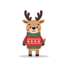 Cute Christmas reindeer in red sweater holiday vector illustration