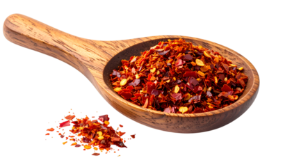 Spice Essence: A close-up view showcases a wooden spoon overflowing with vibrant chili flakes, symbolizing bold flavors and culinary delights, complemented by a sprinkling of the spice