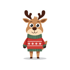 Cute Christmas reindeer in red sweater holiday vector illustration