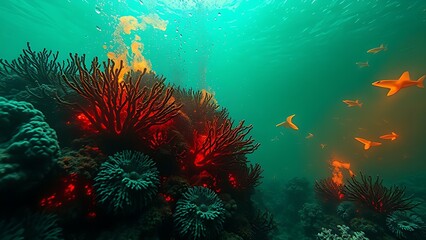 A terrifyingly beautiful underwater scene where the coral reef is consumed by an acidic neon-green and orange haze.