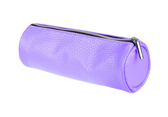 A stylish purple cylindrical pencil pouch or cosmetic bag with a zipper, made from textured material and isolated on a transparent background.