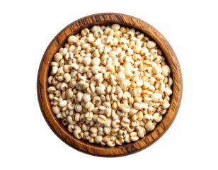 Isolated Job's Tears in Wooden Bowl: A high-angle, studio shot captures Job's Tears, tiny seeds, nestled in a rustic wooden bowl, offering a visual of healthy, nutritious food.