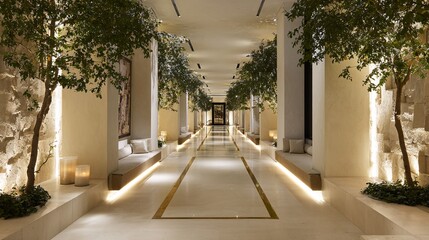 Luxe indoor promenade with trees and warm uplighting