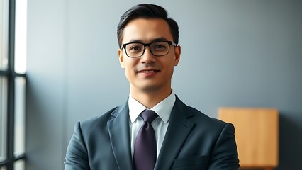 A confident businessperson in formal attire standing against a blurred office background with soft lighting.