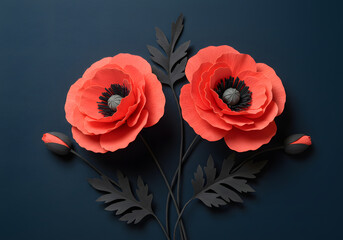 Elegant Coral Paper Poppies with Black Foliage:  Sophisticated Floral Design, Flat Lay, Dark Background, Remembrance Day Theme, Artistic Craft,  High-Resolution Image.