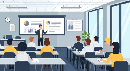 Business meeting with presenter and audience in a modern classroom with projector screen