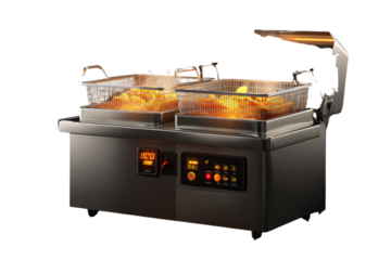 Double-Basket Deep Fryer in Use with LED Timer Active, Side Angle View Showing Steam and Crisping Food, Transparent Background