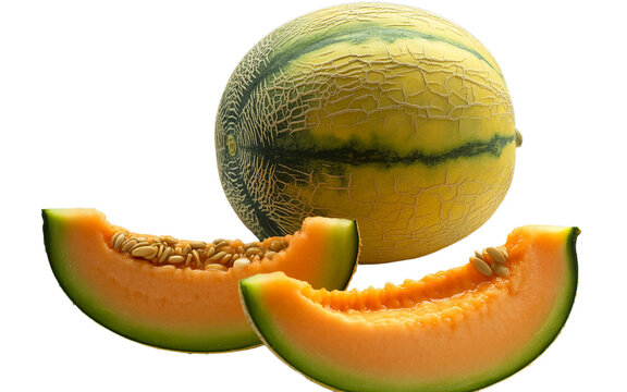 Fresh cantaloupe melon and a slice isolated on transparent background