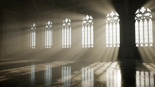 Sunbeams in Grand Hall with Ornate Windows - Sunlight streams through large, ornate Gothic windows into a grand hall, illuminating dust motes in the air and reflecting on the polished floor.