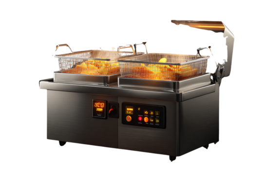 Double-Basket Deep Fryer in Use with LED Timer Active, Side Angle View Showing Steam and Crisping Food, Transparent Background