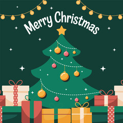Flat style Christmas tree for holiday greeting card