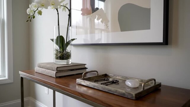 Modern Hallway Console Table Decor - A stylish hallway console table features a contemporary framed artwork, a glass vase with white orchids, stacked books, and a decorative tray with keys and a