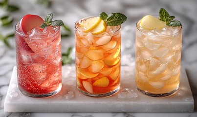 Three refreshing iced tea drinks with fruit garnishes