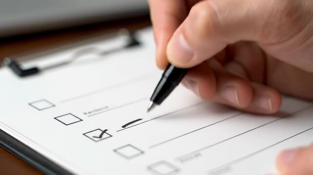 Hand Checking Checklist on Clipboard - Close-up view of a hand checking items off a checklist on a clipboard with a pen. The video depicts task completion and organization.