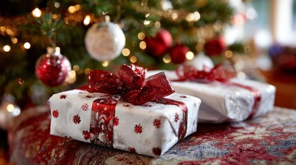 Beautifully wrapped Christmas gifts with shimmering ribbons near a festive tree