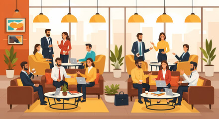 Fototapeta premium Diverse professionals collaborating in a modern office lounge, discussing business.