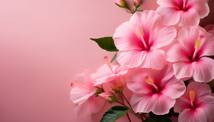 Fototapeta premium Pink Hibiscus Flowers Against A Soft Pink Background Creating A Vibrant And Harmonious Floral Composition