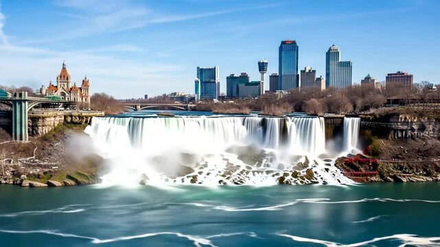 Niagara Falls Views of Cascading Water and City Skyline in a Breathtaking Panorama