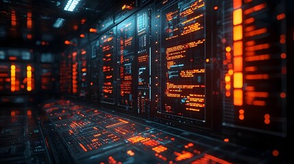 Advanced data center corridor filled with glowing servers and digital displays showing intricate code and data streams in vibrant orange and blue