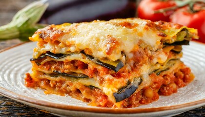 Delicious Layered Vegetable Lasagna with Fresh Tomatoes and Zucchini on Rustic Plate