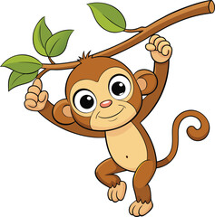 Obraz premium Cute cartoon monkey hanging from a tree branch with green leaves