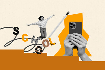 Creative artwork sketch image collage of young lady funny jump fly hand hold smartphone camera class classroom college courses education