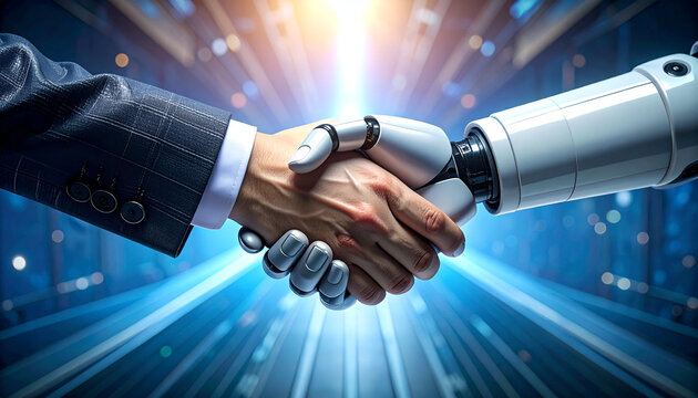 AI and Human Alliance: A symbolic handshake between a human and a robot, signifying the collaboration and partnership of artificial intelligence and humanity in a digital age, highlighting innovation.