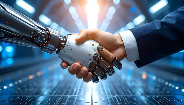 Harmony Between Man and Machine: In a digital landscape of endless possibilities, the human hand grasps the metallic limb of a robot in a powerful handshake.