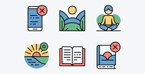 Simple Icons Representing Digital Detox and Mindfulness Practices Collection Set