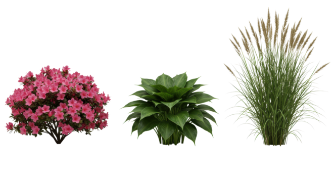 Vibrant pink azalea, lush green hosta, elegant feather reed grass in a horizontal row, isolated on seamless transparent, 45-degree studio lit, premium nursery plant display concept