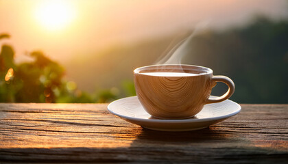 Obraz premium Morning Sunlight Touching A Fresh Coffee Cup On Textured Wood Symbol Of Peaceful Routines