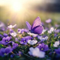 Fototapeta premium A stunning purple butterfly resting amidst colorful blooming flowers, symbolizing transformation and the beauty of nature