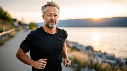 Active middle‑aged runner in black shirt jogging along a lakeside path at sunrise, symbolizing fitness, wellness, and motivation in a scenic outdoor setting.