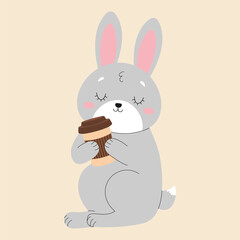 Cute cartoon rabbit drinking coffee. Isolated background. Vector flat illustration