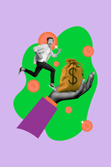 Collage featuring confident business man woman with money bag light bulb laptop smartphone symbolizing ideas success payment