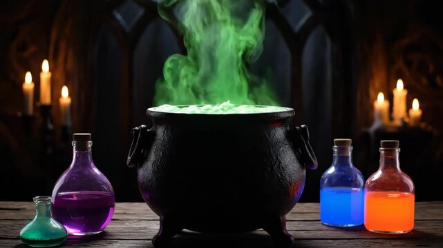 A black cauldron emits green smoke surrounded by colorful potion bottles and candles in a dark, mystical setting.