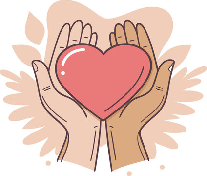 Hands holding pink heart with floral elements love