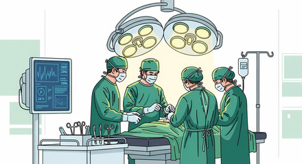 Medical team performing surgery under bright lights with monitoring equipment