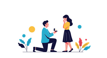 A man on one knee proposes to a woman with a ring and flowers in a romantic outdoor setting.