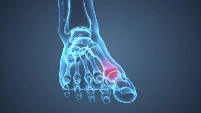 3D medical animation of a painful bunion (hallux valgus) on the foot.