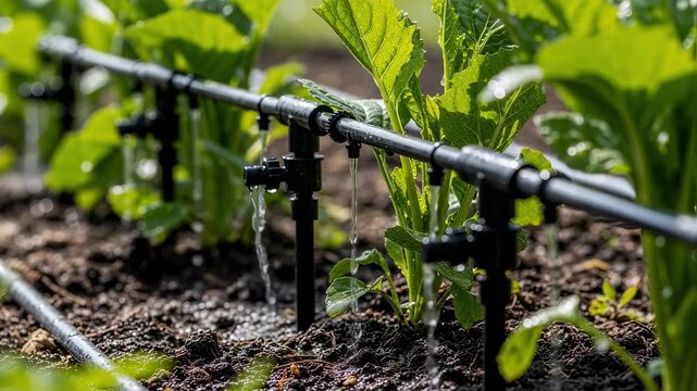 Medium shot focusing on the connection points and emitters in a drip irrigation setup illustrating detailed system components for targeted hydration.