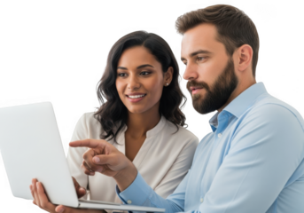 Two colleagues collaborating on a laptop isolated on transparent background