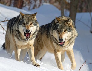 Two Wolves in a Snowy Landscape Ready for Action