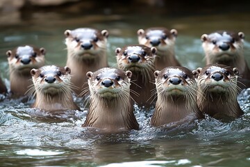 A playful family of otters emerges from the water, their curious faces peering up, creating a heartwarming scene of unity in a tranquil river. Soft natural light enhances their sleek fur.