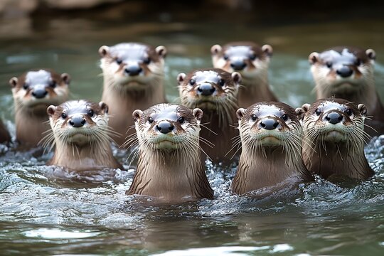 A playful family of otters emerges from the water, their curious faces peering up, creating a heartwarming scene of unity in a tranquil river. Soft natural light enhances their sleek fur.